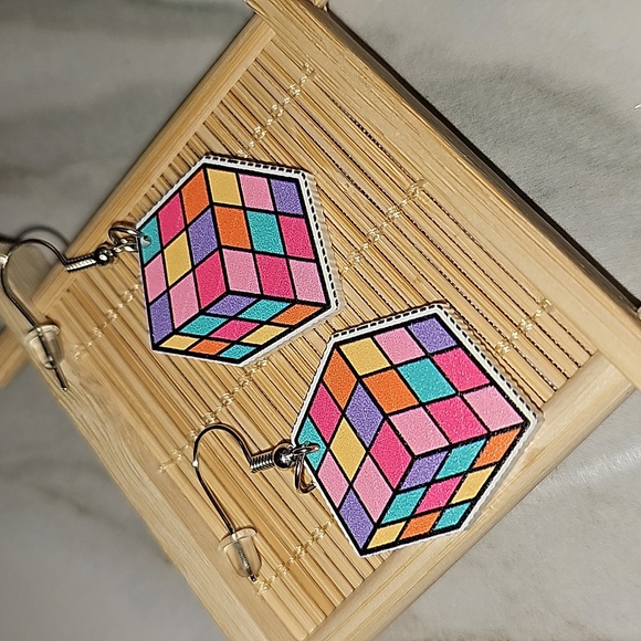 Rubix Cube Earrings - Picture 2 of 3